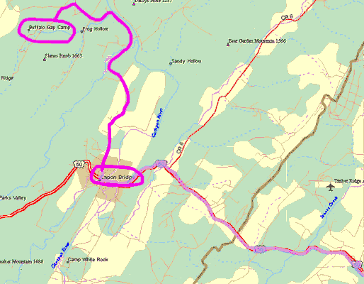 Map - US 50 at Capon Bridge, WV to Buffalo Gap Camp.